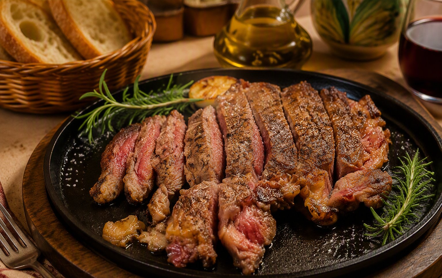Tagliata sulla piastra con pane rustico